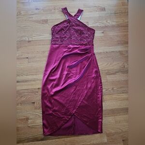 Silky red lace evening gown